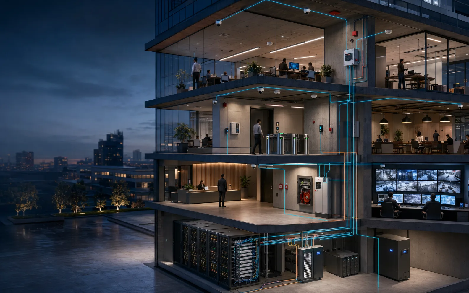 Commercial building with integrated access, life-safety and security systems