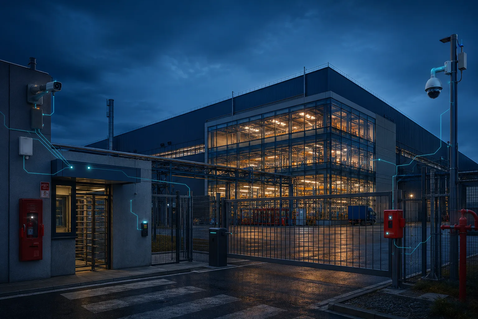 Industrial manufacturing facility with secured perimeter and controlled access