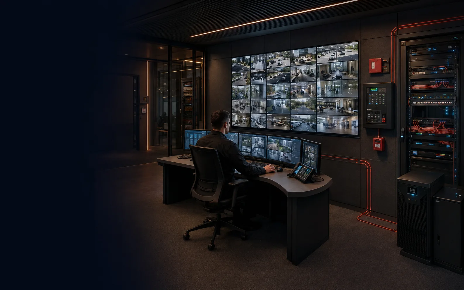 Security operations centre with video wall and operator workstation